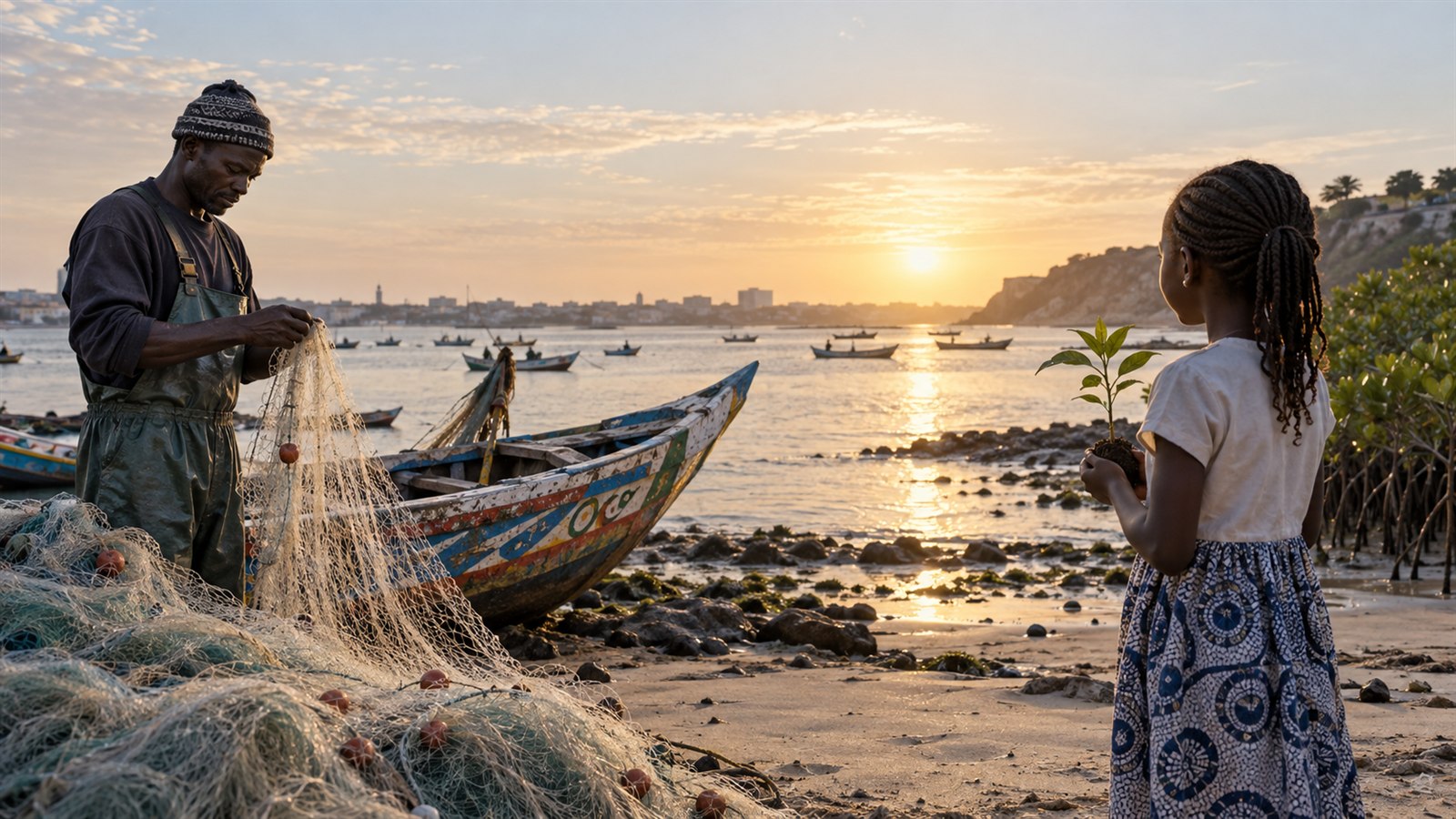 Illustration d’un pêcheur artisanal et d’une jeune fille face à un paysage côtier sénégalais